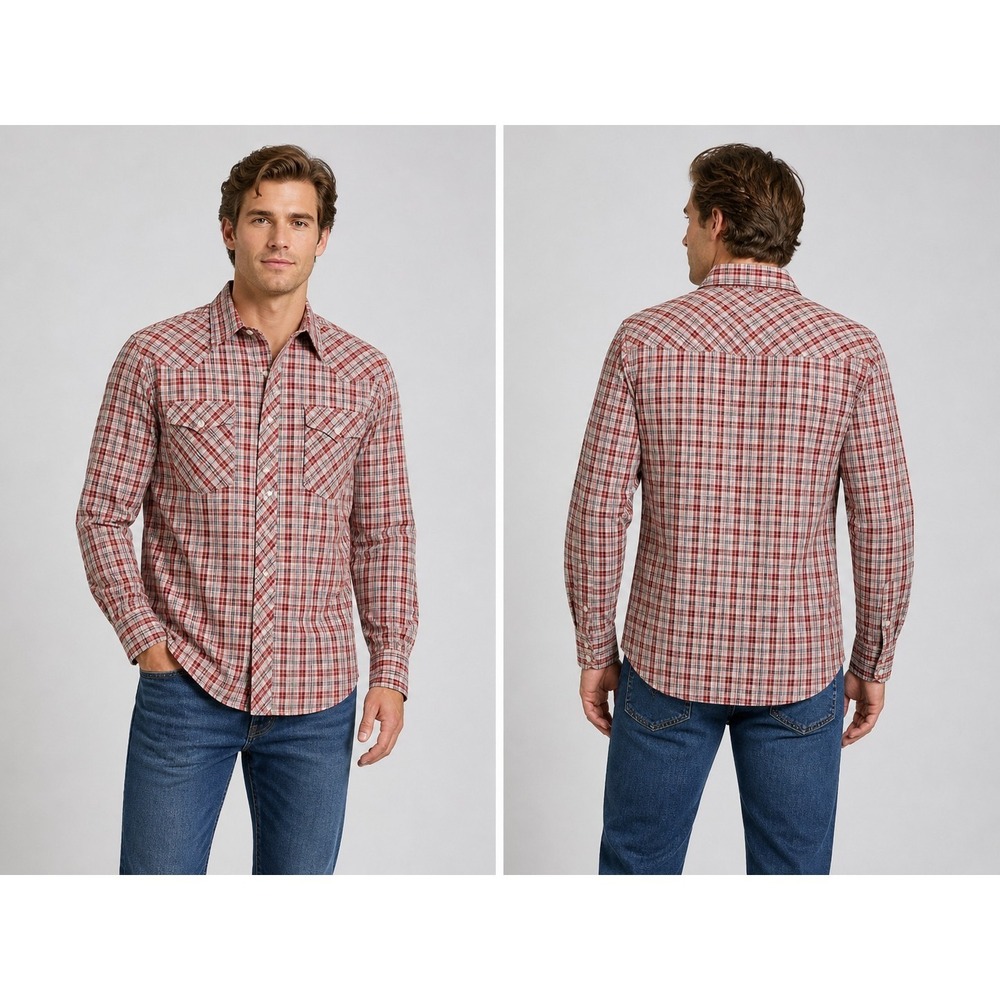True Craft Mens XL Plaid Button Up Shirt Red White Casual Cotton